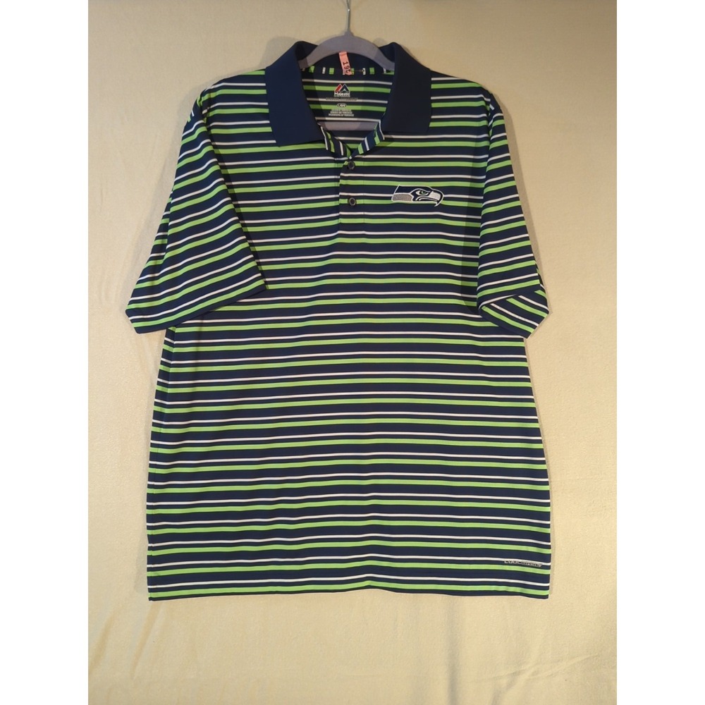 Majestic Cool Base Men's Large Seattle Seahawks Striped Polo NFL